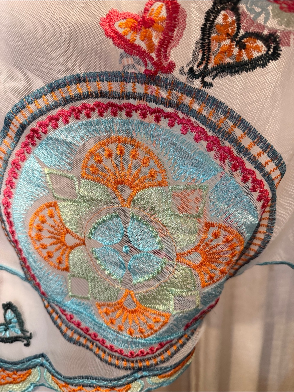 Boho Embroidered Mesh Tie Front Kimono Cardigan Cover Up One Size - Picture 6 of 11